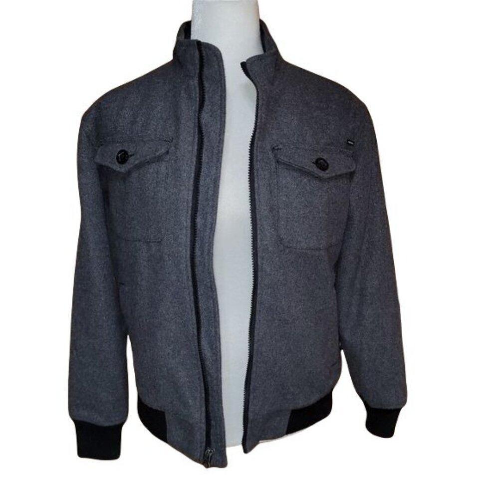 Quiksilver Boys Sz Large Gray Wool Blend Bomber Jacket Full Zip Buttoned Pockets